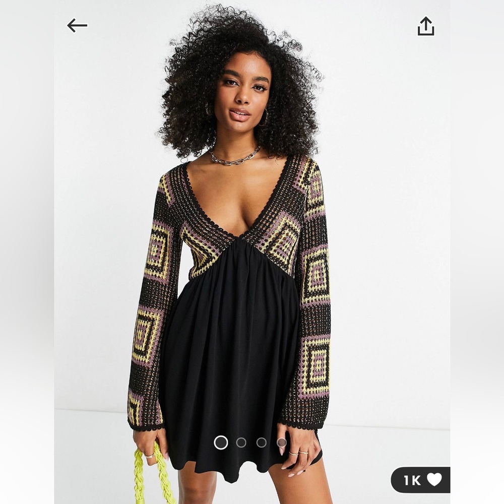 ASOS Design flare sleeve crochet mini dress in black